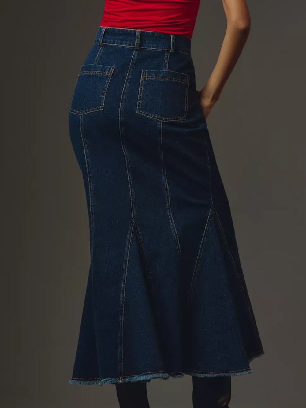 Anthropologie Pilcro Godet Flare Tulip Mermaid Denim Maxi Skirt Dark Wash Size 6 - Picture 16 of 16